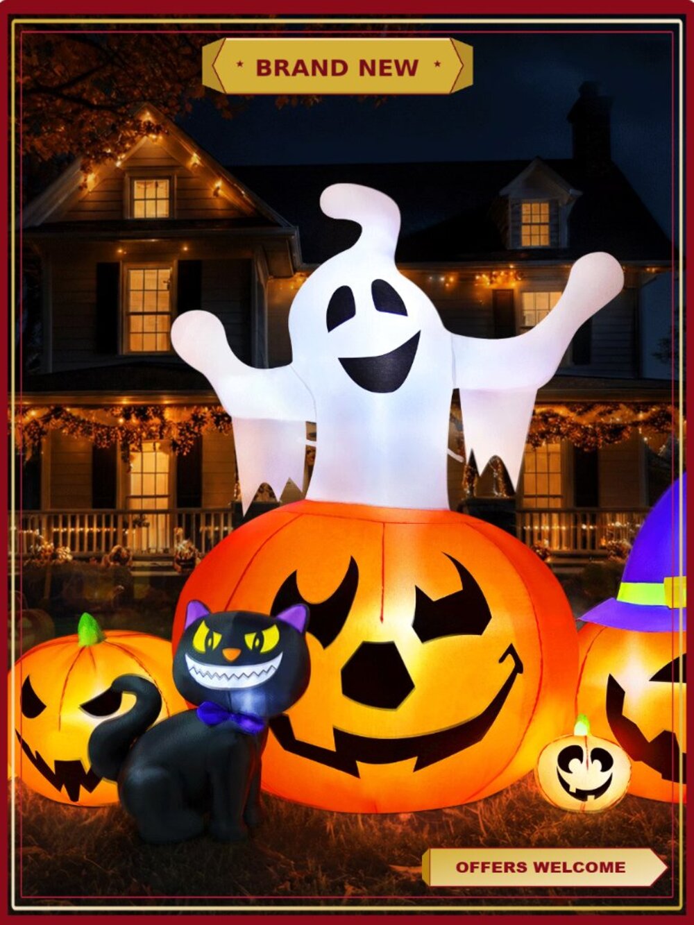 8FT Halloween Inflatable Decoration with Ghost, Black Cat, Pumpkins, LED Lights